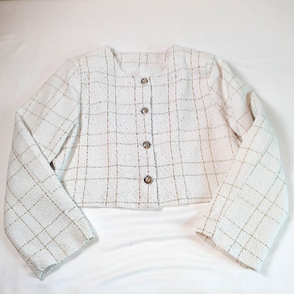 Jacket Elegant Cropped White-Golden Plaid long sleeve button-down